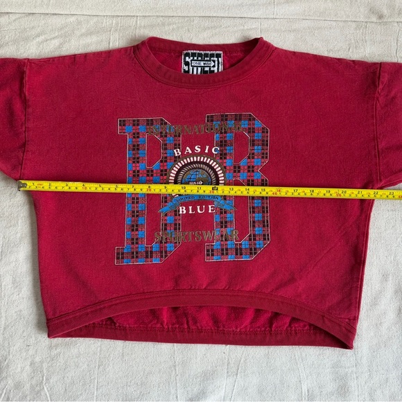 VTG 90s L/XL One Way Street Boxy CroppedSweatshirt Red Plaid Graphic Made in USA - Picture 10 of 10